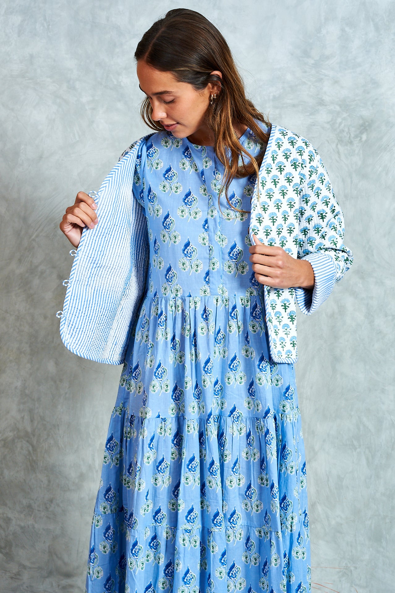Clementine Jacket - White with Blue Florals