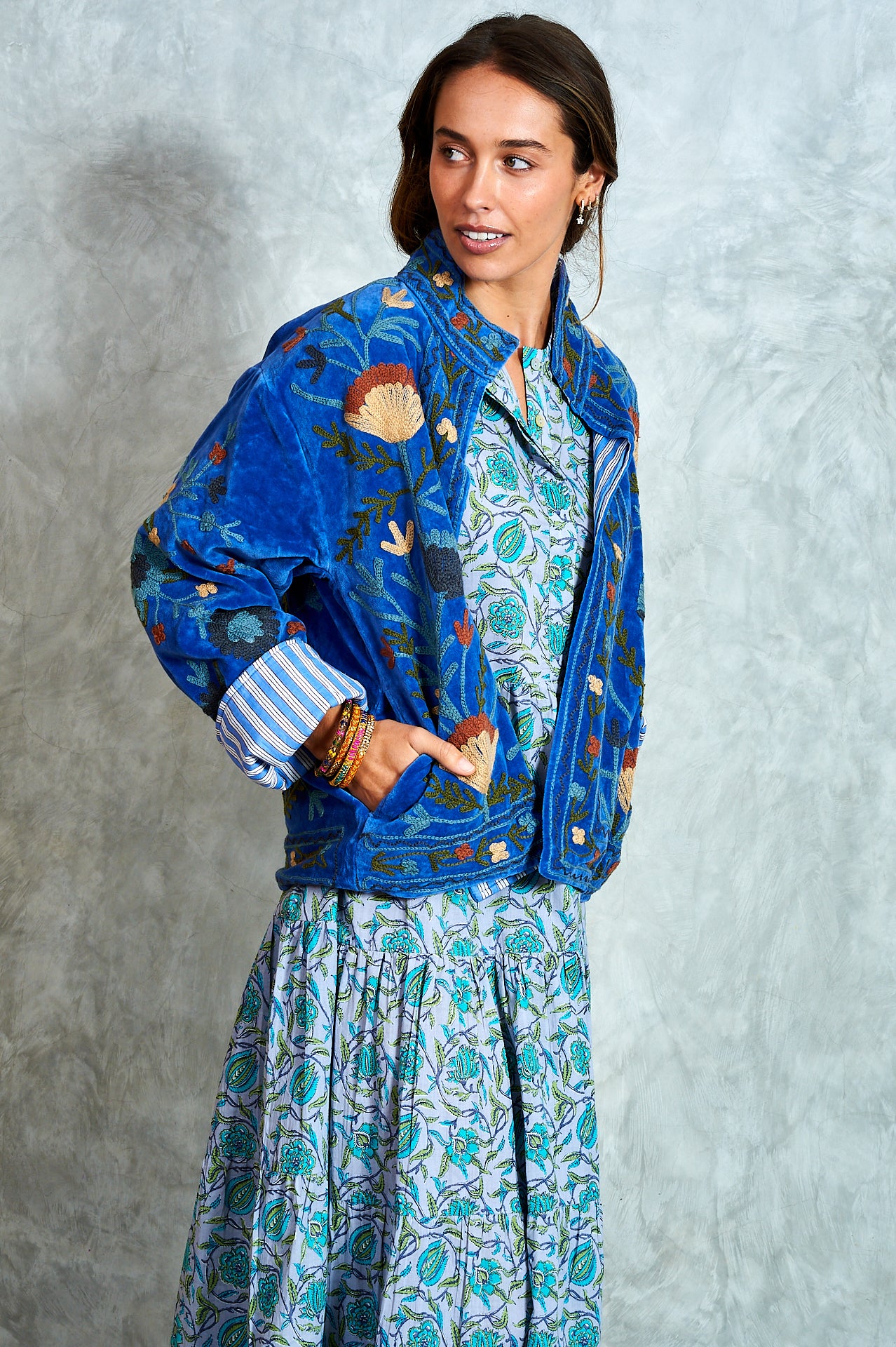 Suswani Velvet Jacket -Cobolt Blue with Blue Stripes