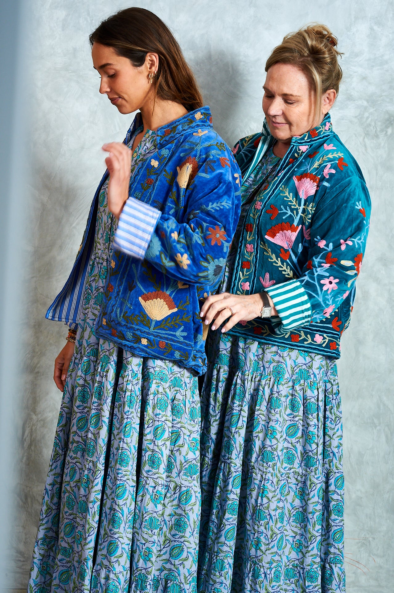 Suswani Velvet Jacket - Bright Teal Green with Green Stripes
