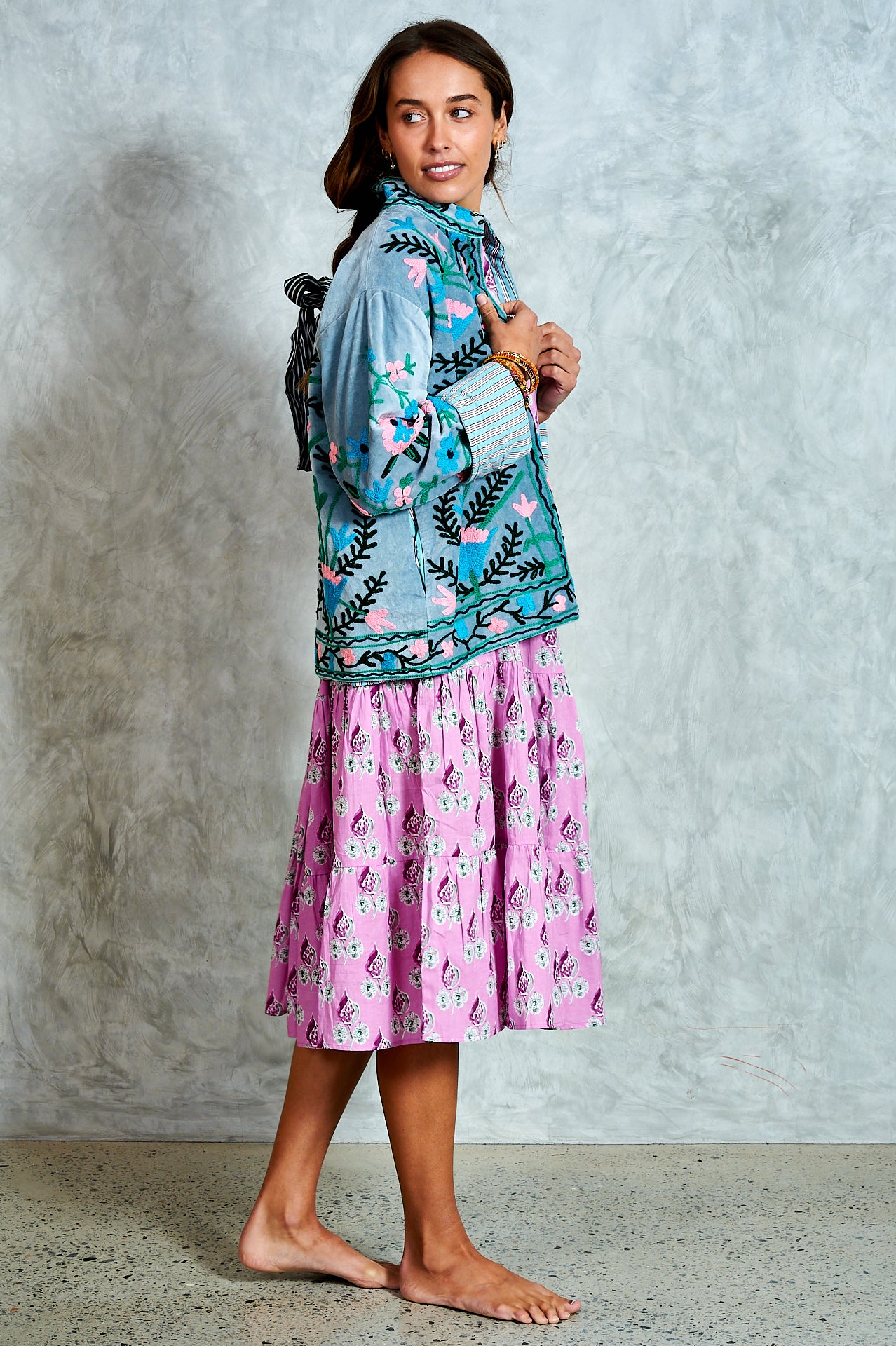 Suswani Velvet Jacket - Duck Egg Blue with Aqua Stripes