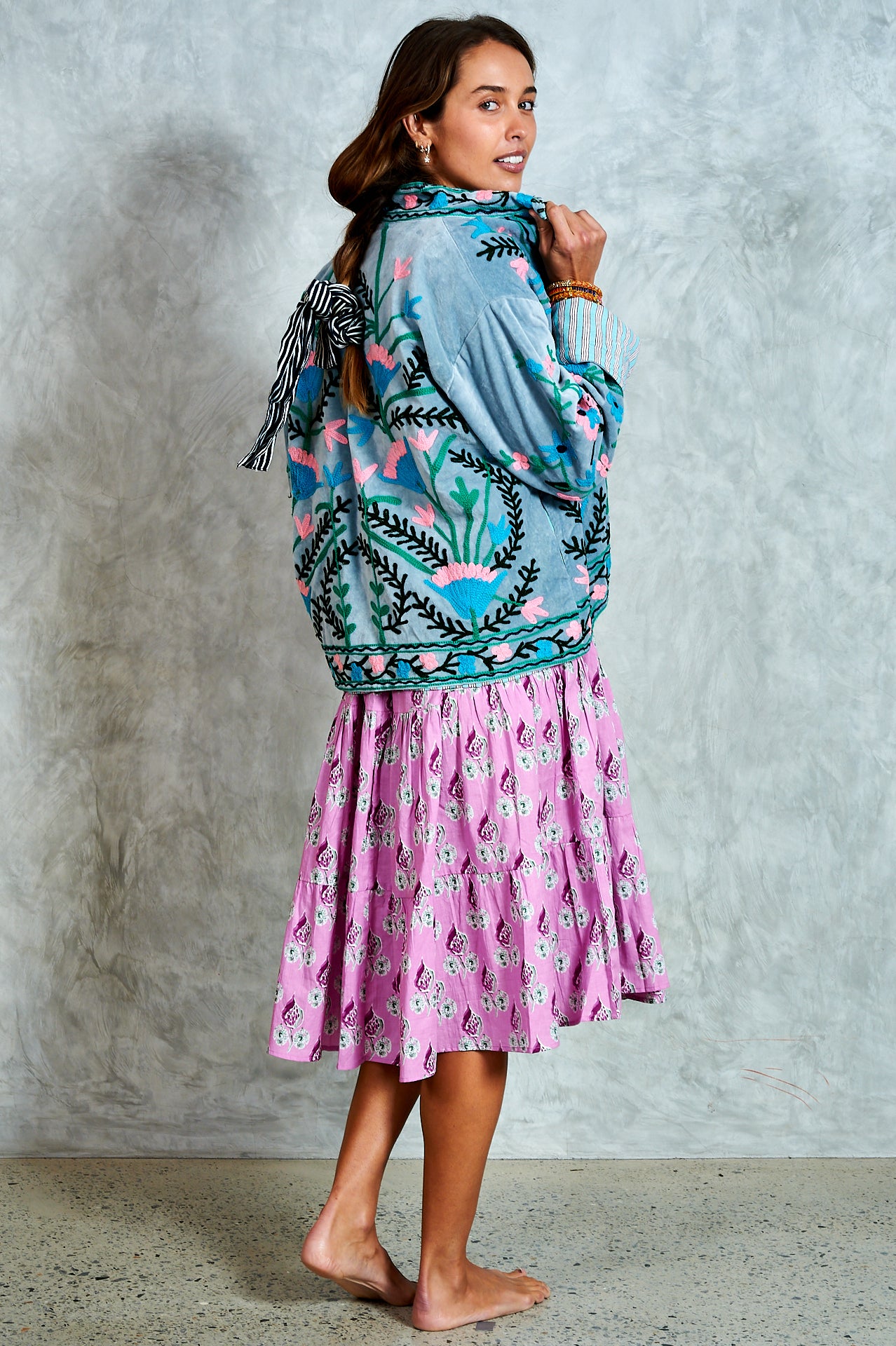 Suswani Velvet Jacket - Duck Egg Blue with Aqua Stripes