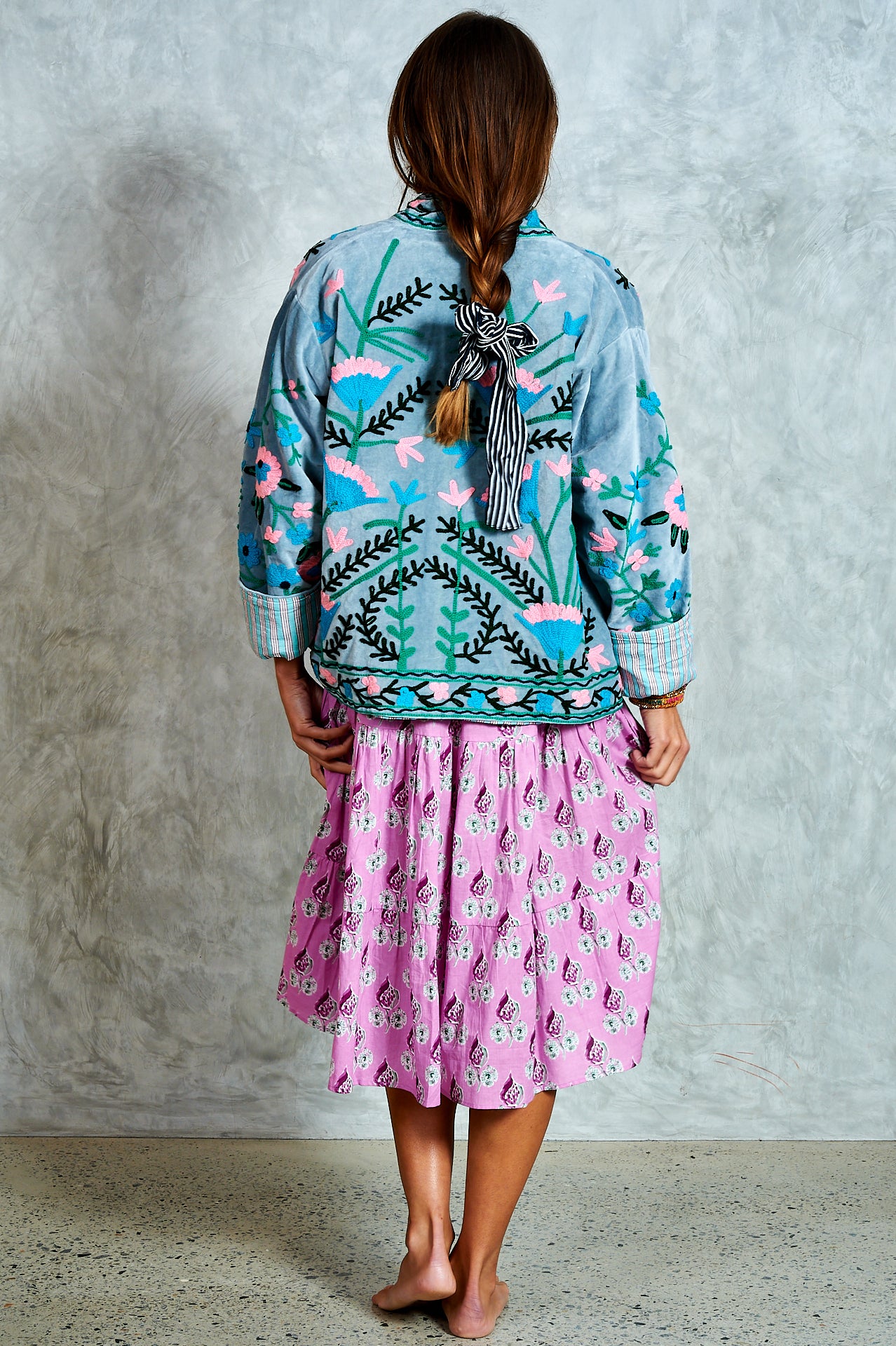 Suswani Velvet Jacket - Duck Egg Blue with Aqua Stripes
