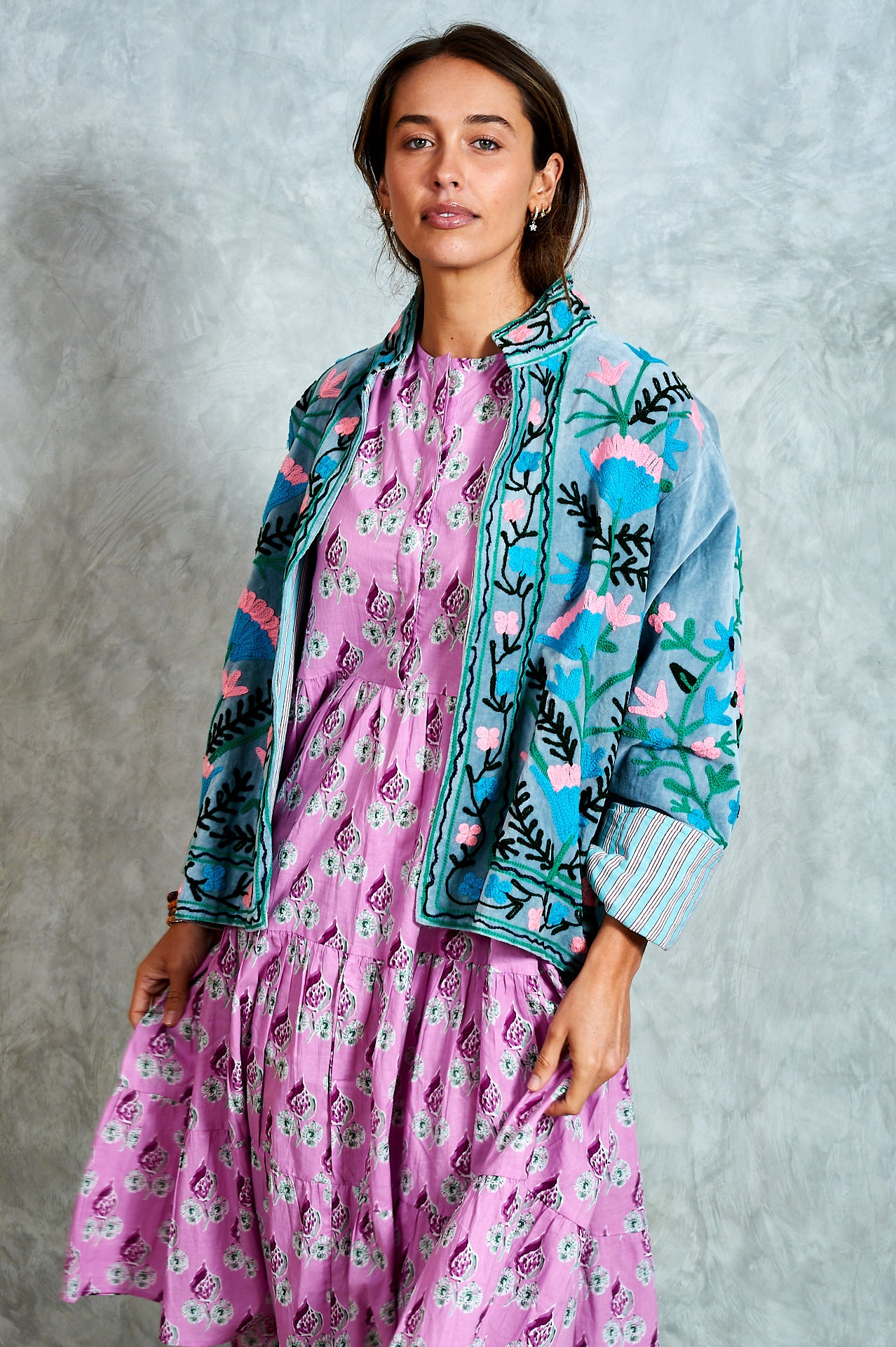 Suswani Velvet Jacket - Duck Egg Blue with Aqua Stripes