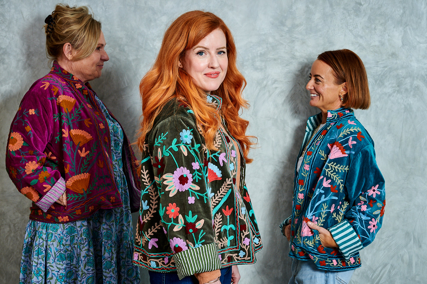 Suswani Velvet Jacket - Forest Green with Green Stripes - Lilac Flowers