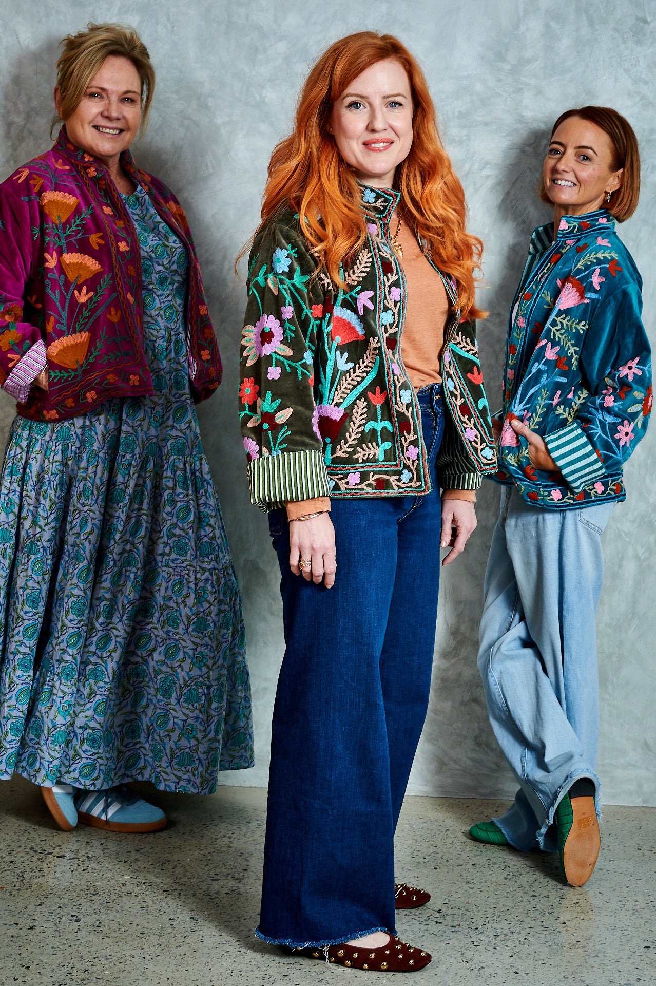 Suswani Velvet Jacket - Forest Green with Green Stripes - Lilac Flowers