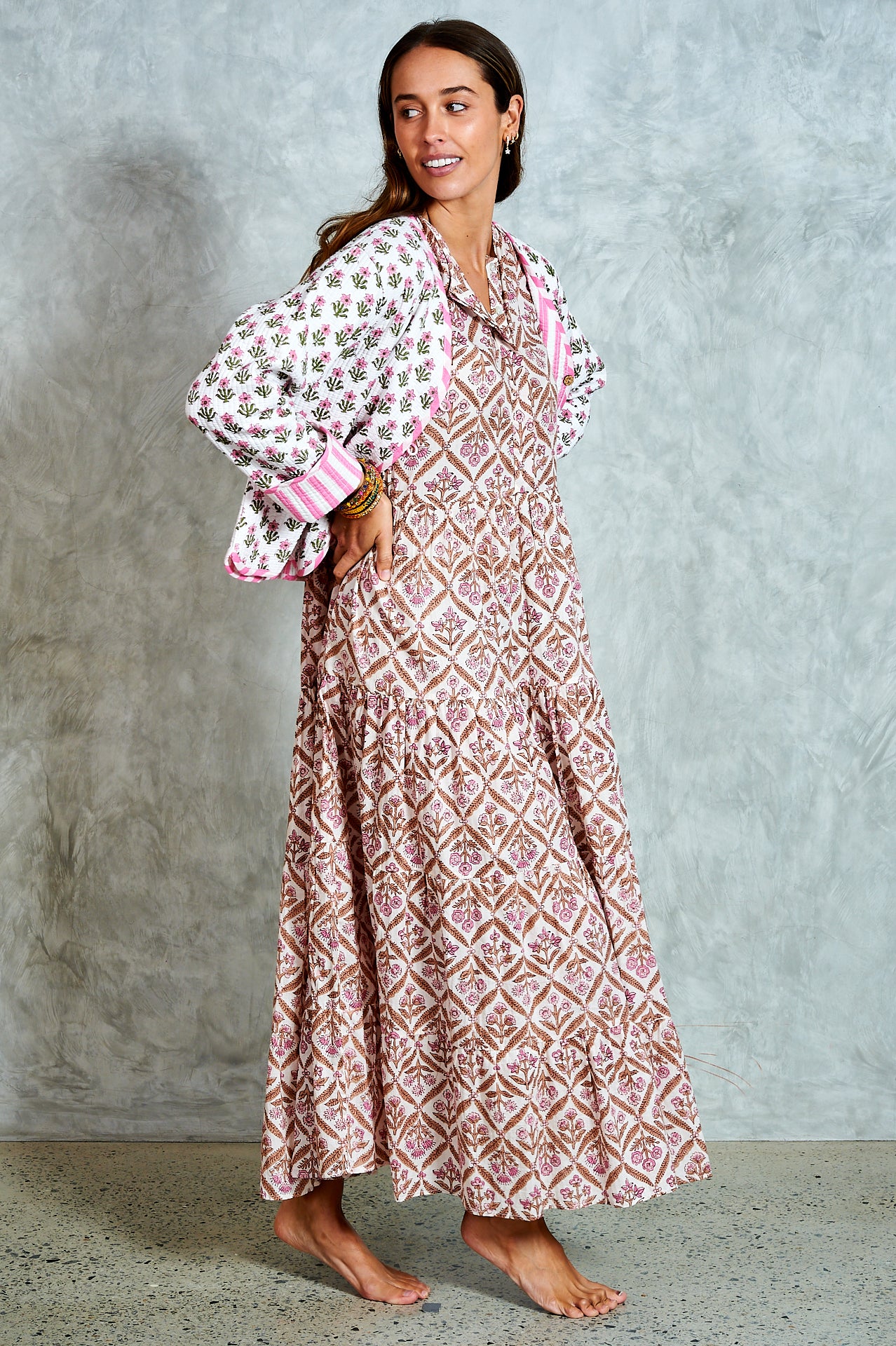 Clementine Jacket -White with Pink Floral and Candy Stripes