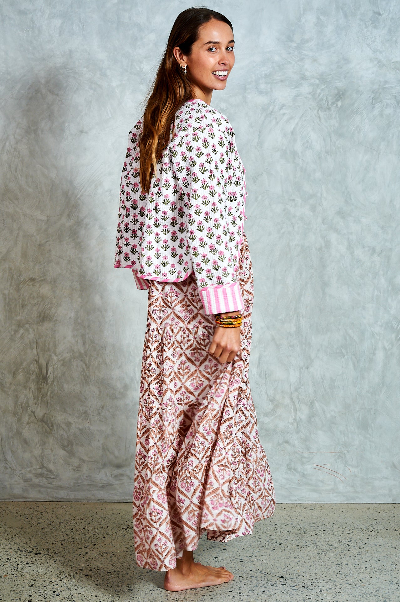 Clementine Jacket -White with Pink Floral and Candy Stripes