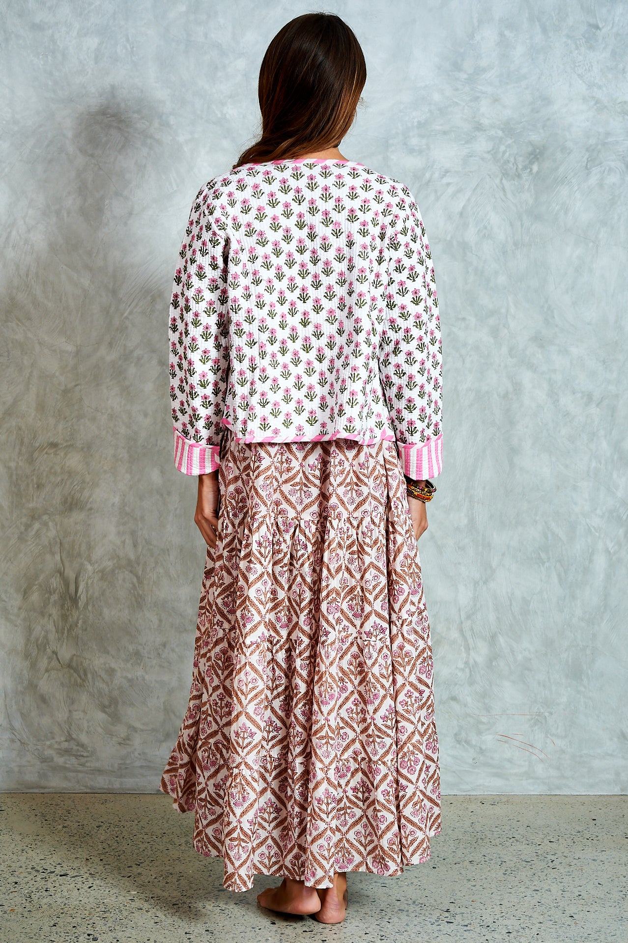 Clementine Jacket -White with Pink Floral and Candy Stripes