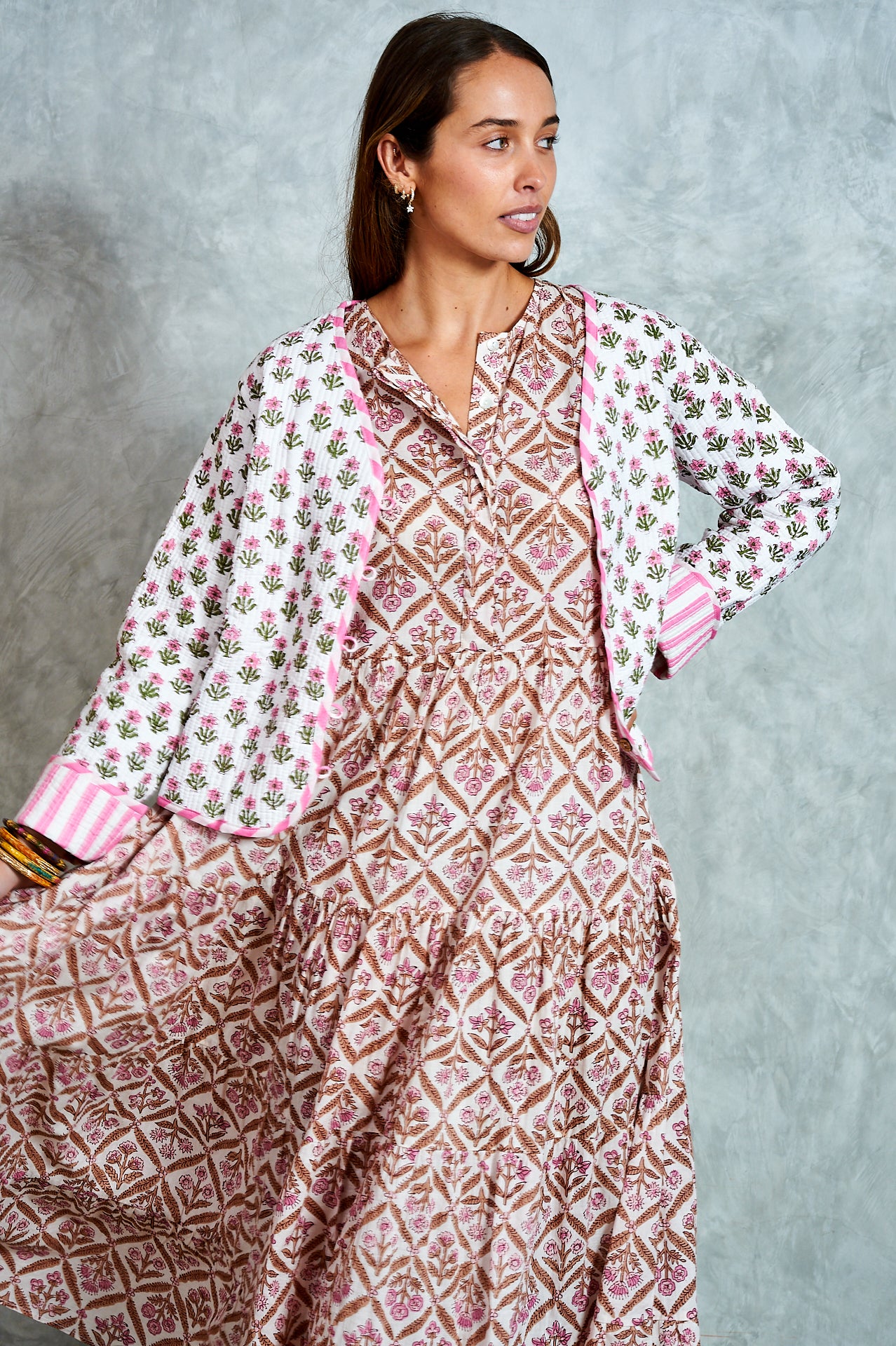 Clementine Jacket -White with Pink Floral and Candy Stripes