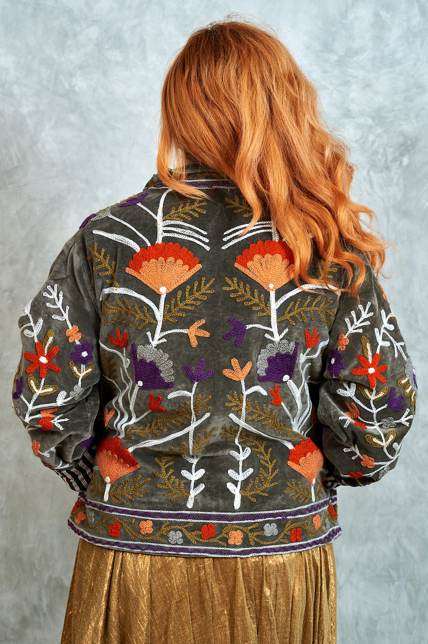 Suswani Velvet Jacket - Earthy Green Grey with Orange Flowers and Green and White Lining