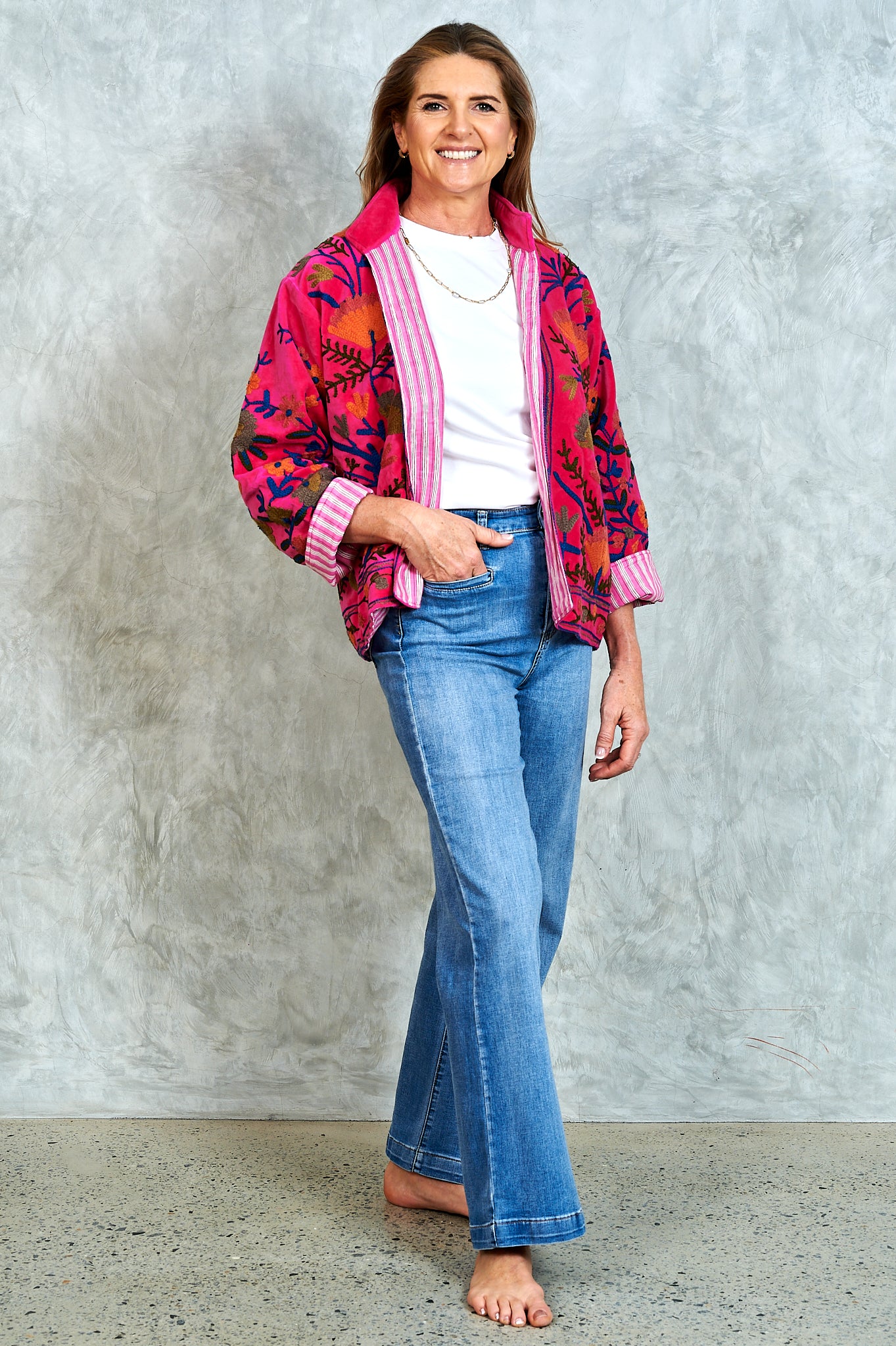 Suswani Velvet Jacket - Hot Vibrant Pink with Pink and White Lining