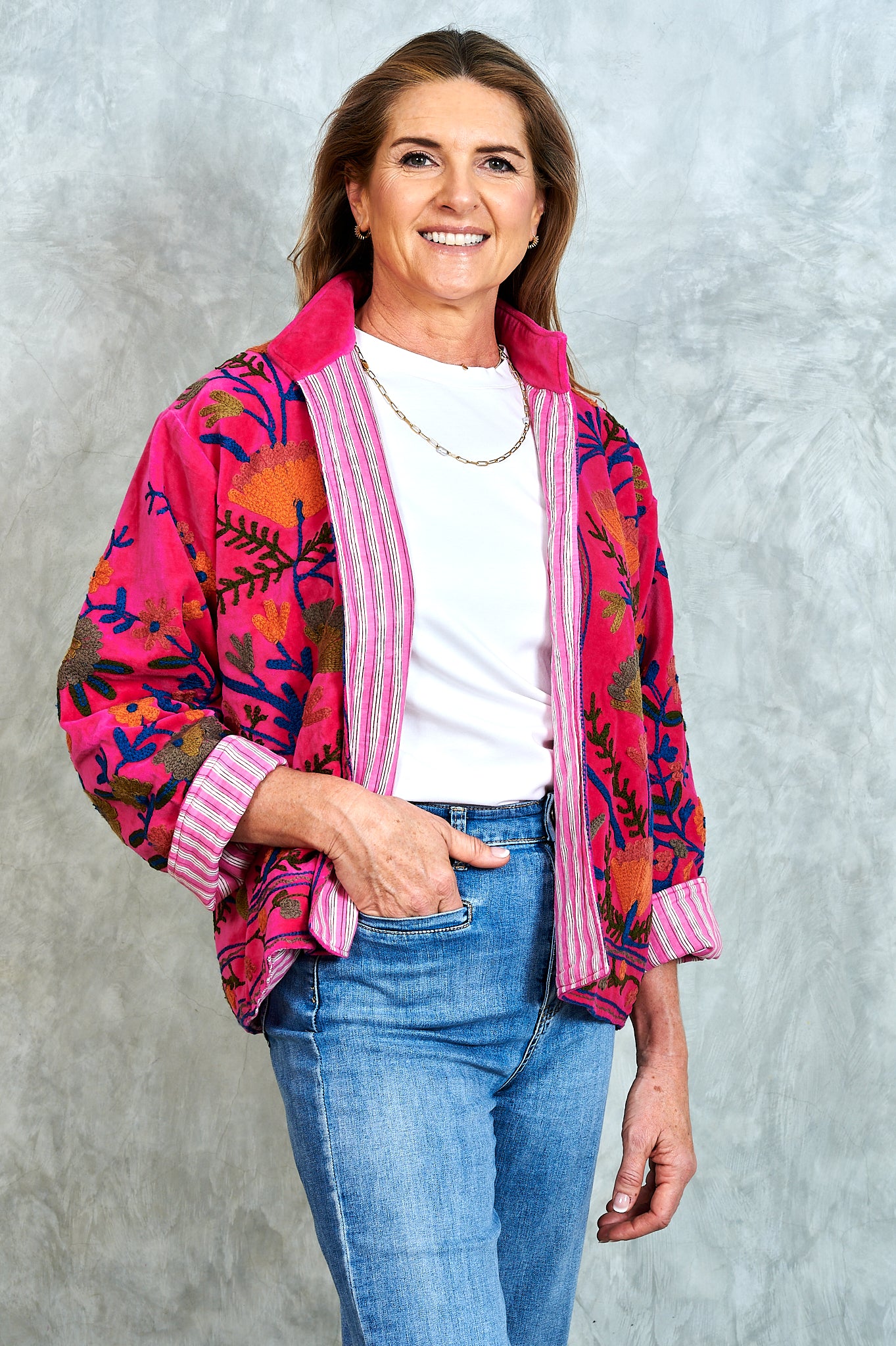 Suswani Velvet Jacket - Hot Vibrant Pink with Pink and White Lining