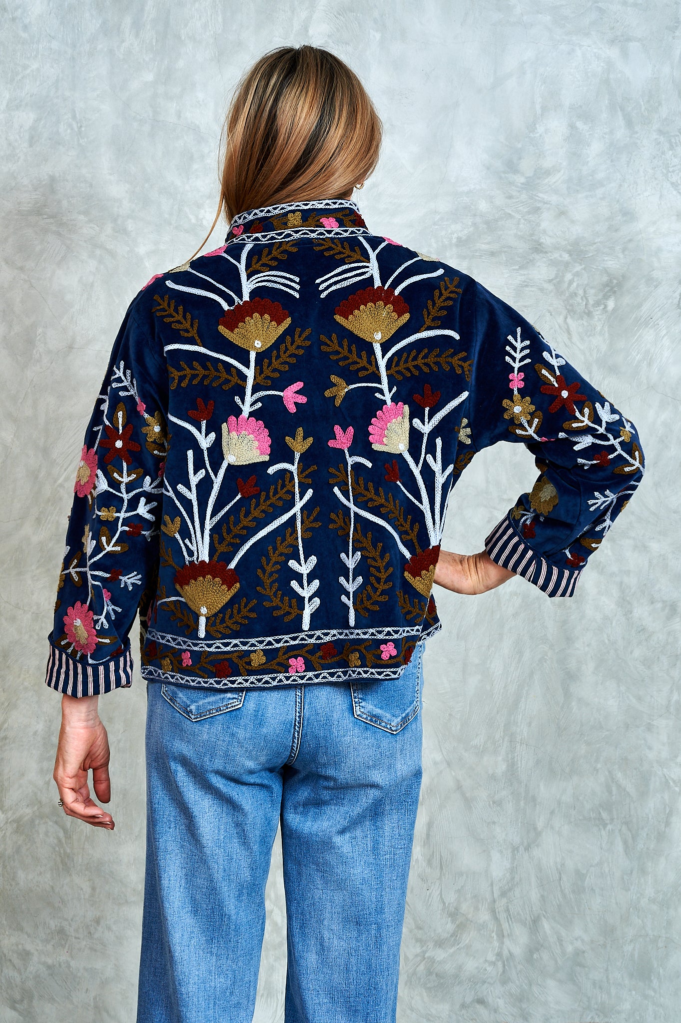 Suswani Velvet Jacket - Navy with Grey and Pink Flowers and Navy Lining