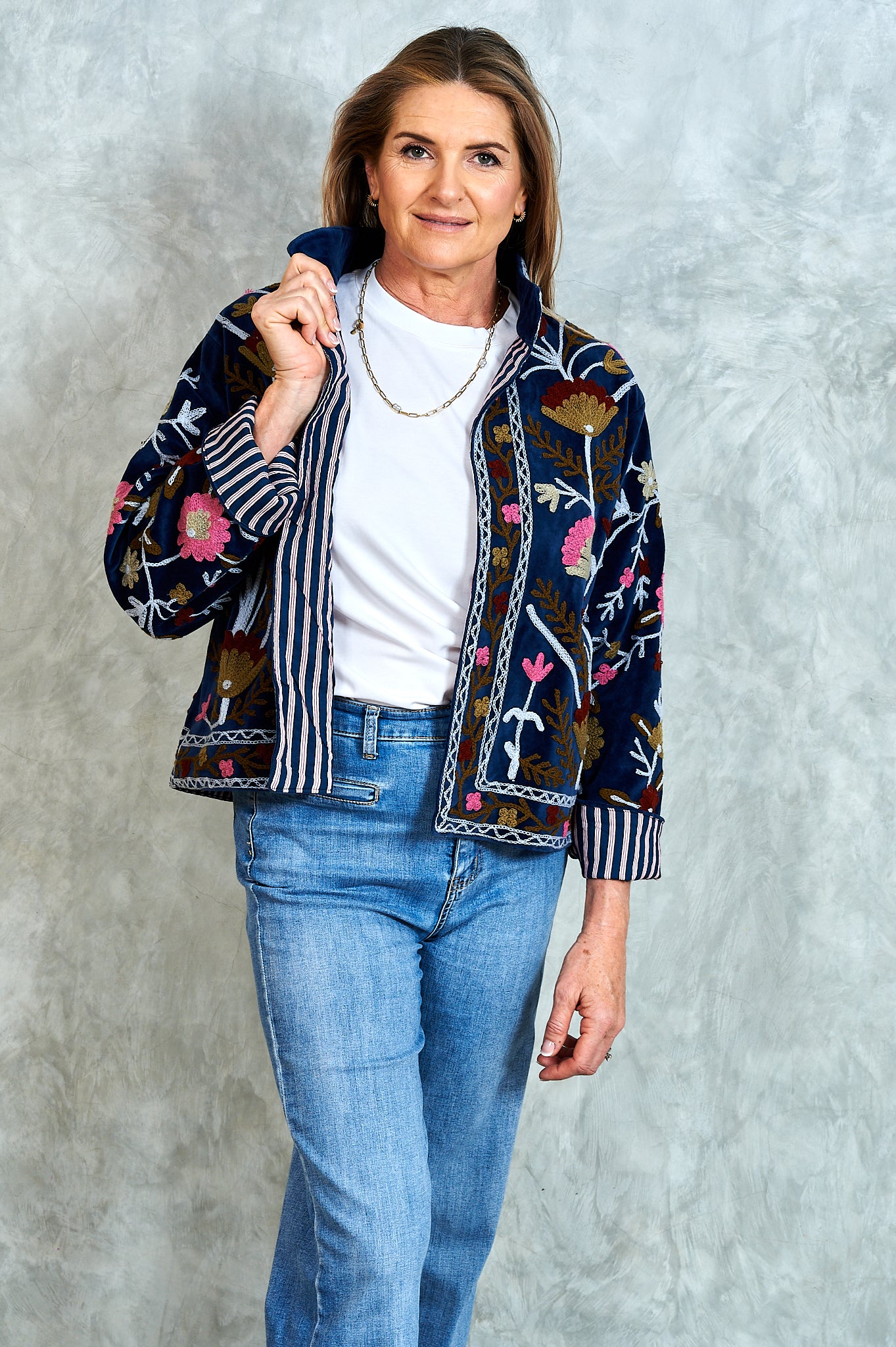 Suswani Velvet Jacket - Navy with Grey and Pink Flowers and Navy Lining