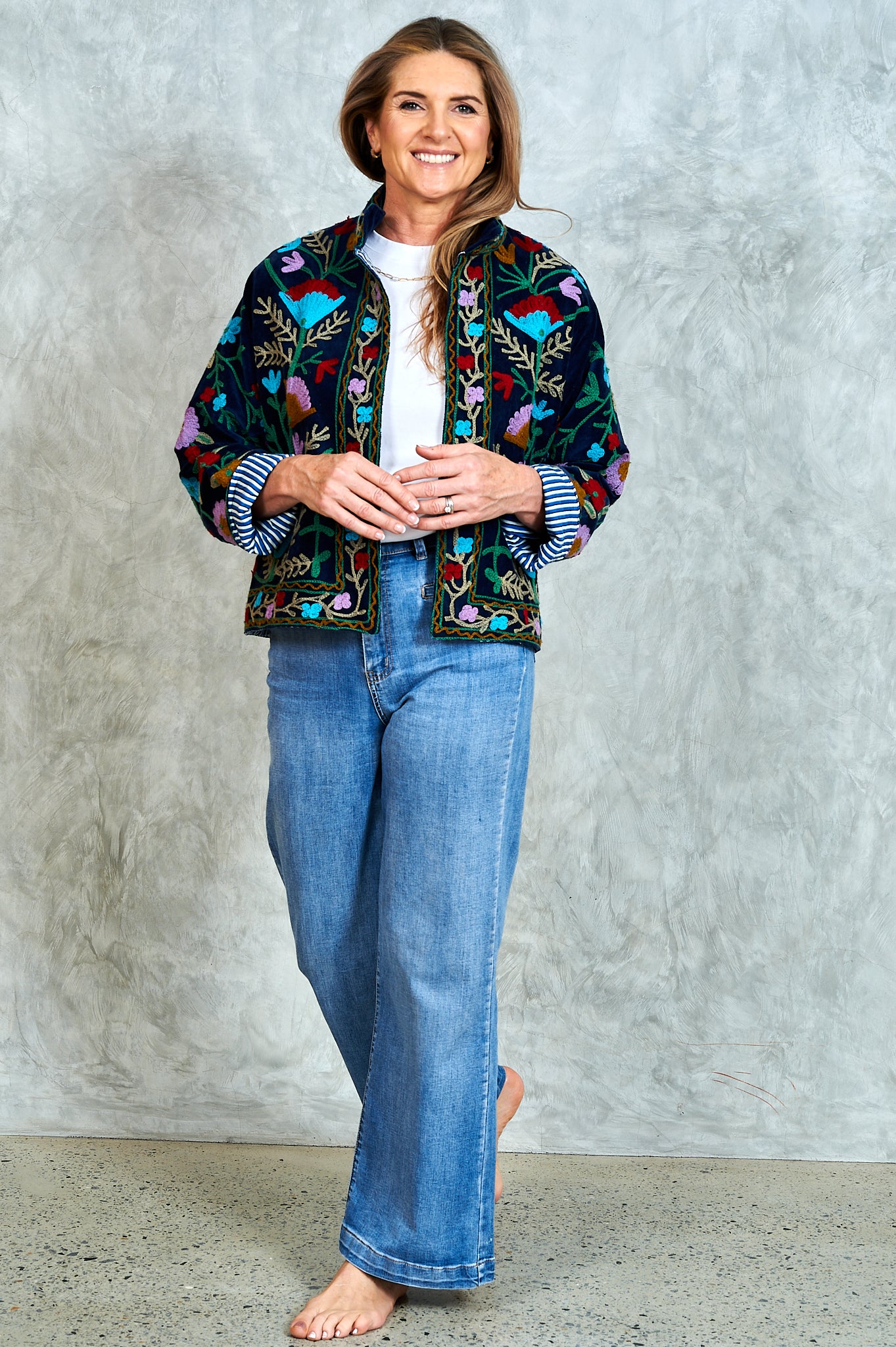 Suswani Velvet Jacket - Navy Blue with Lilac Flowers and Navy and White Lining