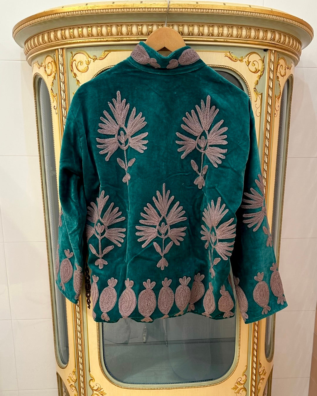 Suswani Velvet Jacket - Green with Lilac Purple