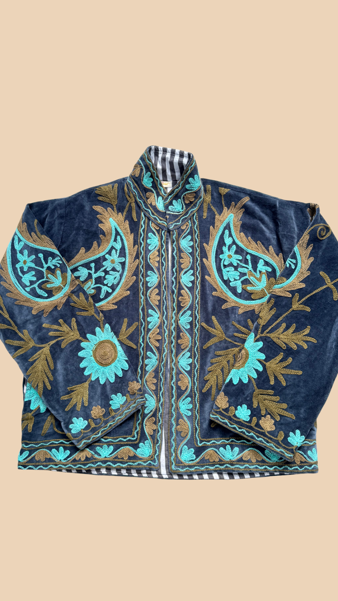 Suswani Velvet Jacket - Navy Blue with Charcoal Stripes