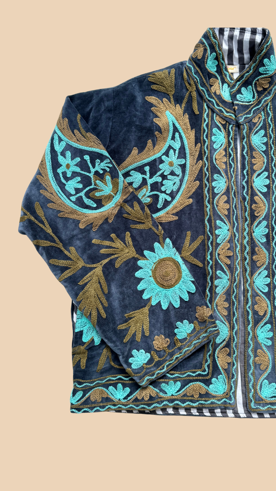 Suswani Velvet Jacket - Navy Blue with Charcoal Stripes