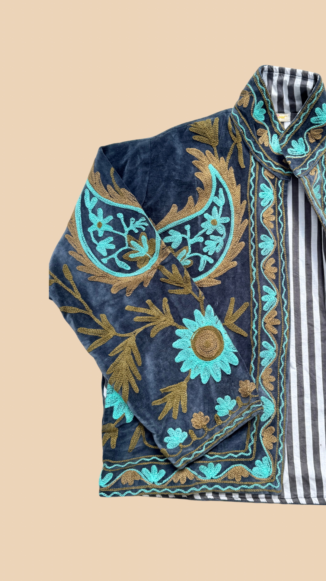 Suswani Velvet Jacket - Navy Blue with Charcoal Stripes