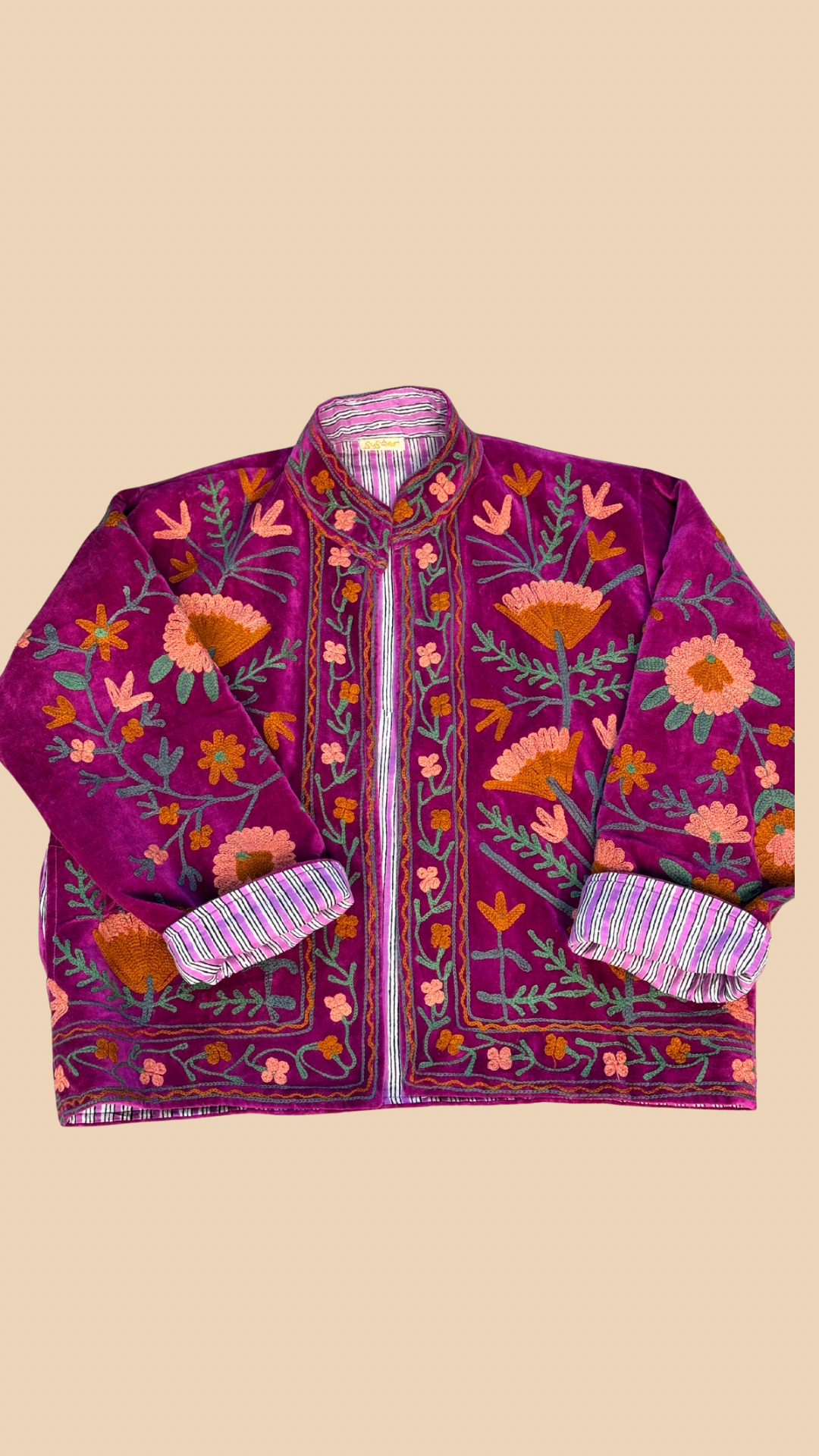 Suswani Velvet Jacket - Fuchsia Pink with Pink Stripes