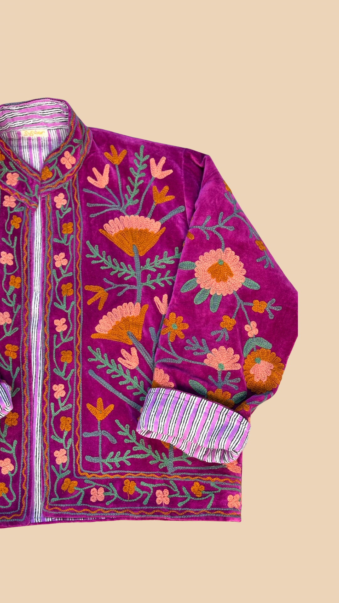 Suswani Velvet Jacket - Fuchsia Pink with Pink Stripes