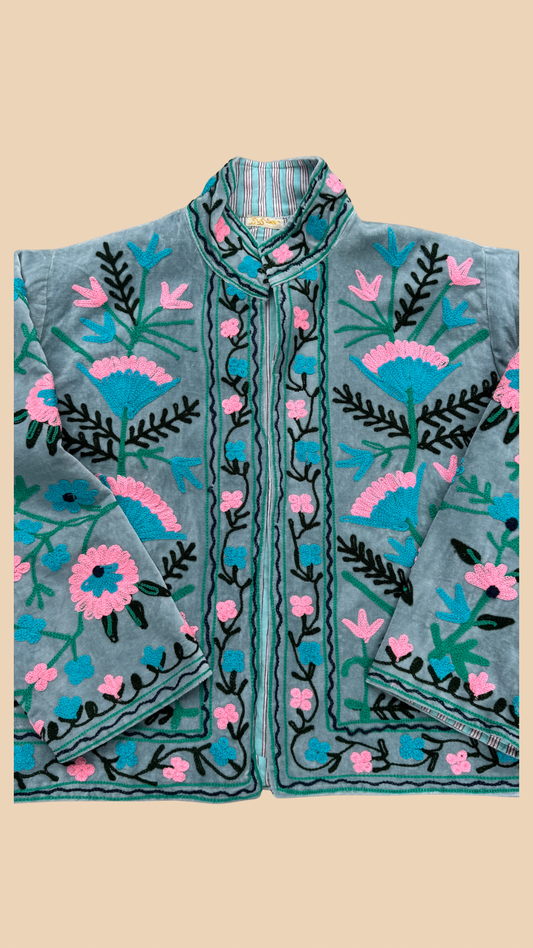 Suswani Velvet Jacket - Duck Egg Blue with Aqua Stripes