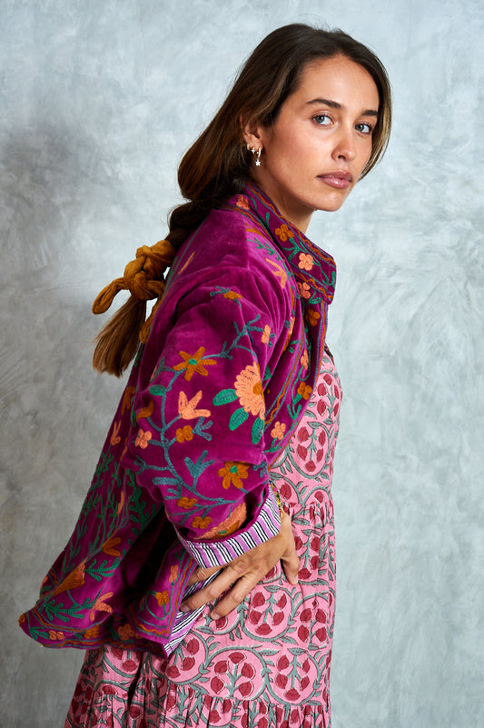 Suswani Velvet Jacket - Fuchsia Pink with Pink Stripes