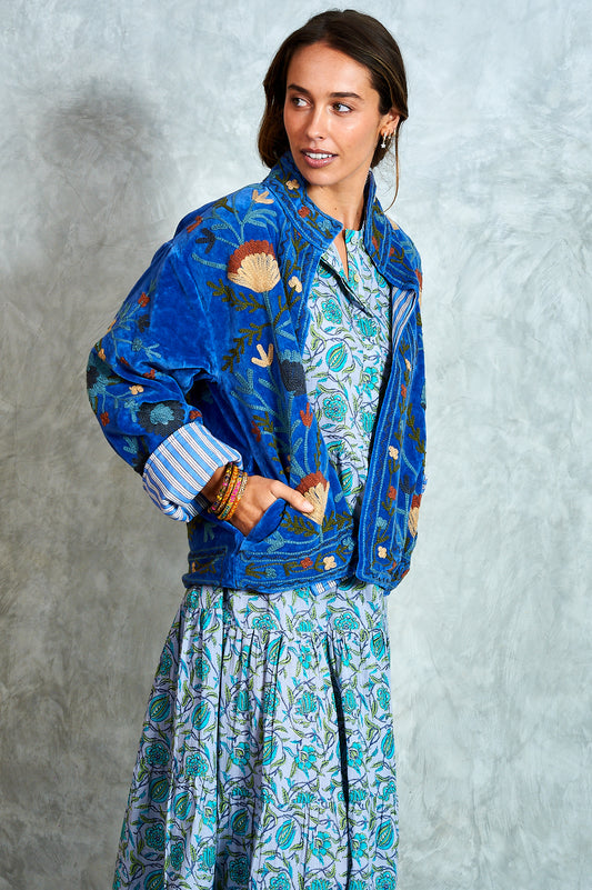 Suswani Velvet Jacket -Cobolt Blue with Blue Stripes