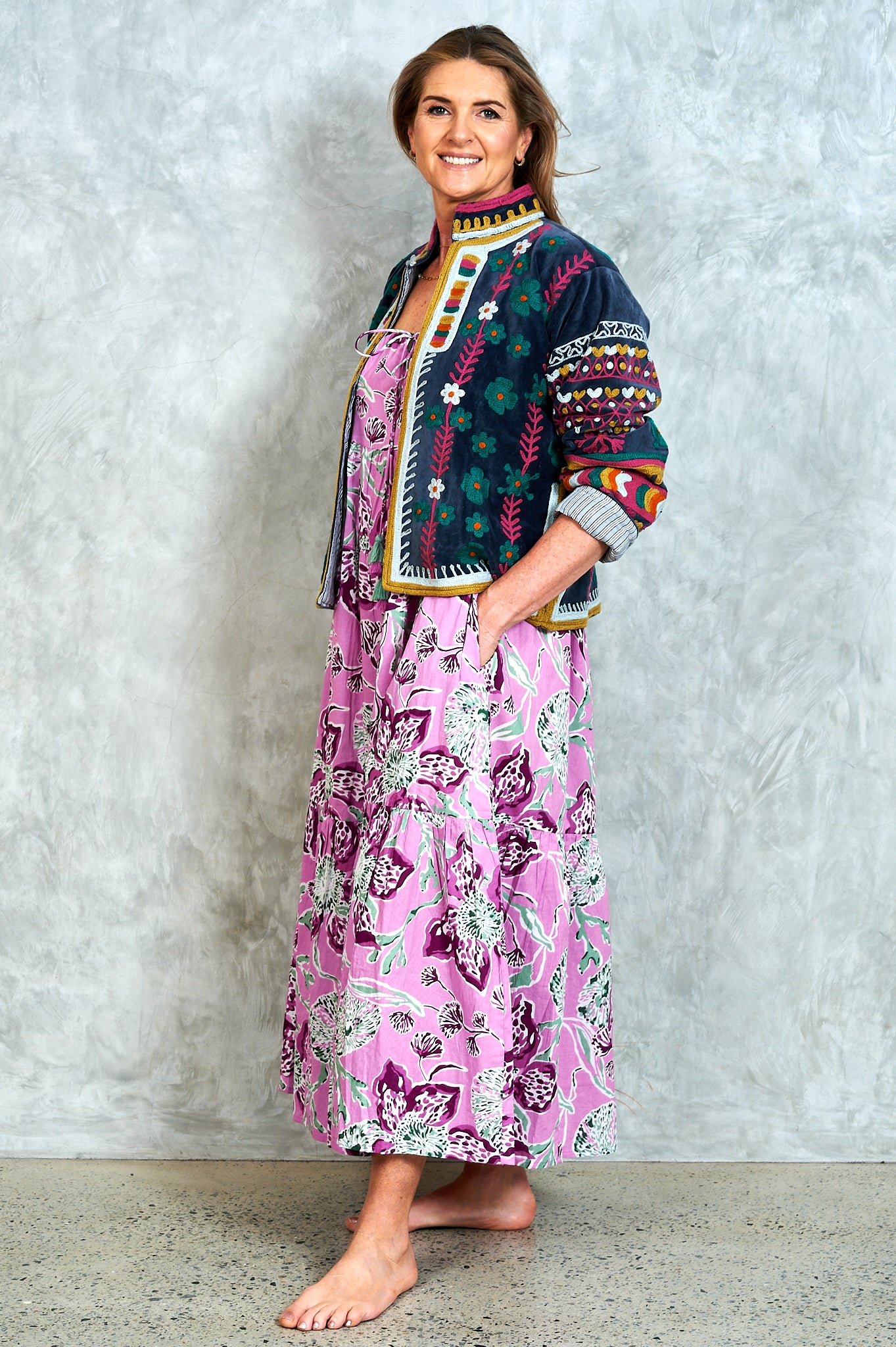 Suswani Velvet Jacket - Charcoal with Diamond and Black and White Lining