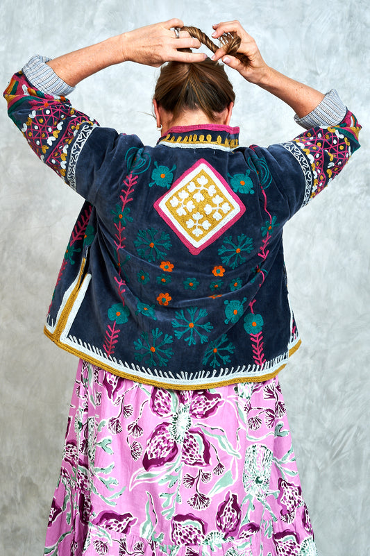 Suswani Velvet Jacket - Charcoal with Diamond and Black and White Lining