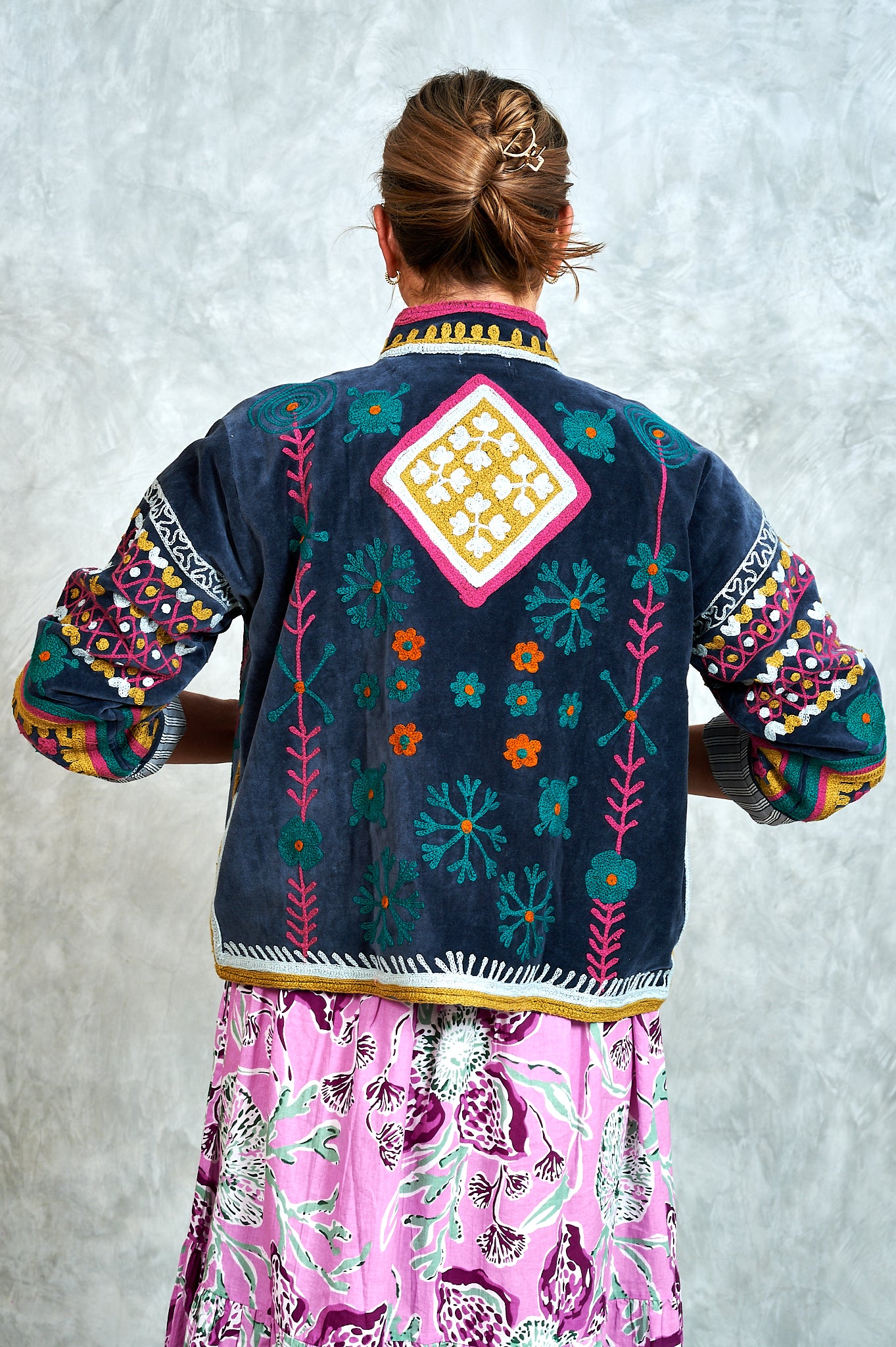 Suswani Velvet Jacket - Charcoal with Diamond and Black and White Lining
