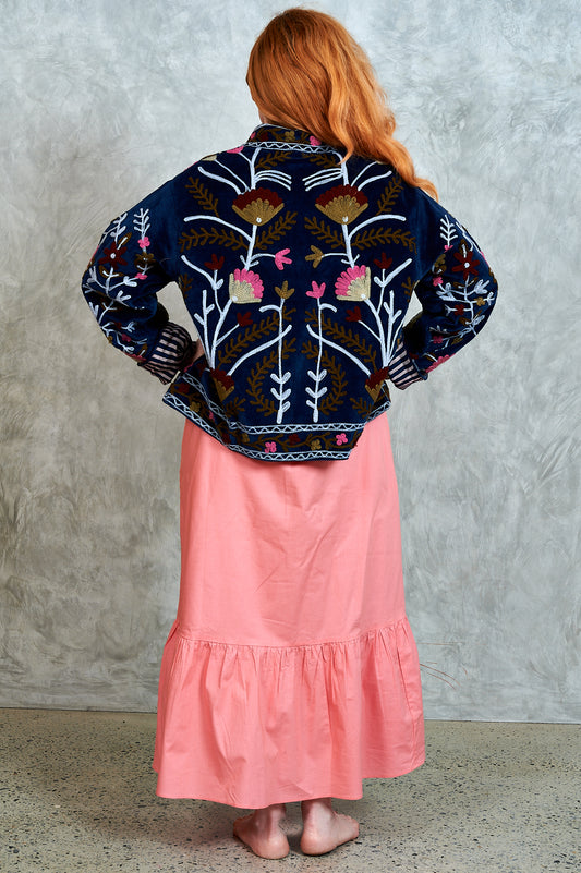 Suswani Velvet Jacket - Navy with Grey and Pink Flowers and Navy Lining