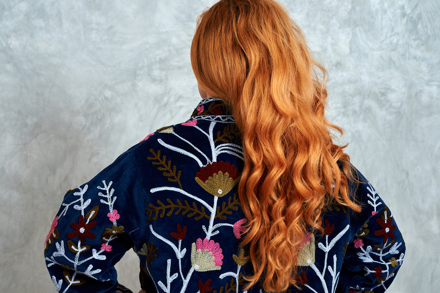 Suswani Velvet Jacket - Navy with Grey and Pink Flowers and Navy Lining