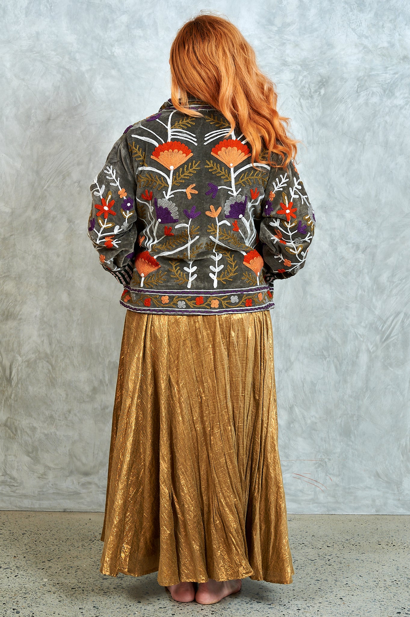 Suswani Velvet Jacket - Earthy Green Grey with Orange Flowers and Green and White Lining
