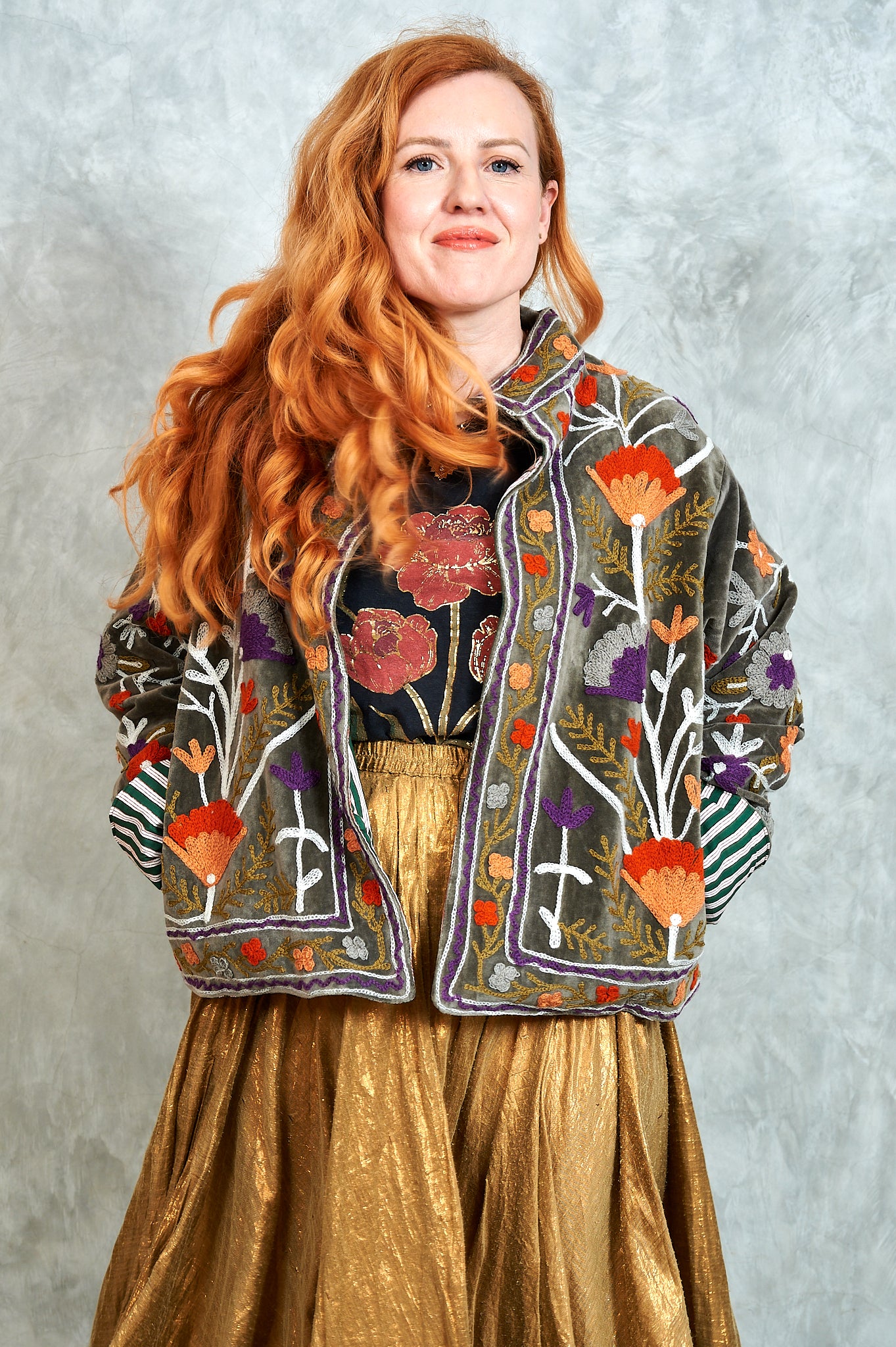 Suswani Velvet Jacket - Earthy Green Grey with Orange Flowers and Green and White Lining