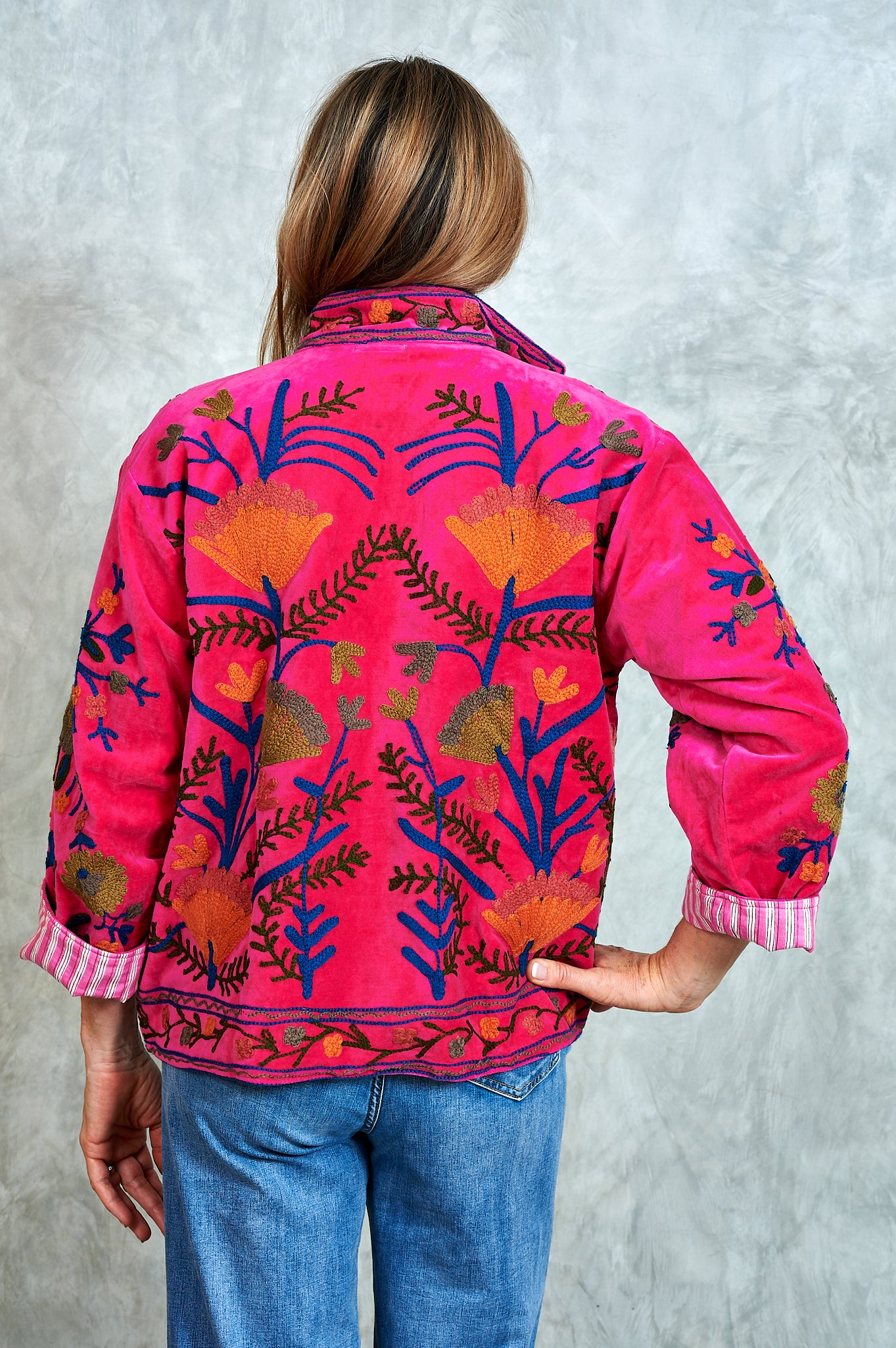 Suswani Velvet Jacket - Hot Vibrant Pink with Pink and White Lining