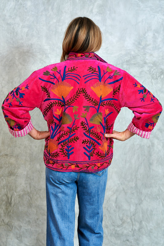 Suswani Velvet Jacket - Hot Vibrant Pink with Pink and White Lining