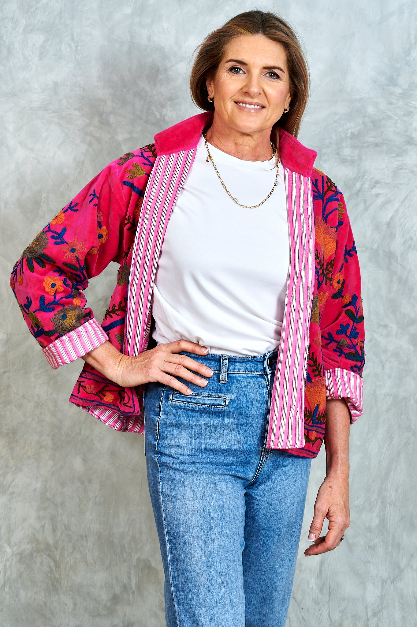 Suswani Velvet Jacket - Hot Vibrant Pink with Pink and White Lining