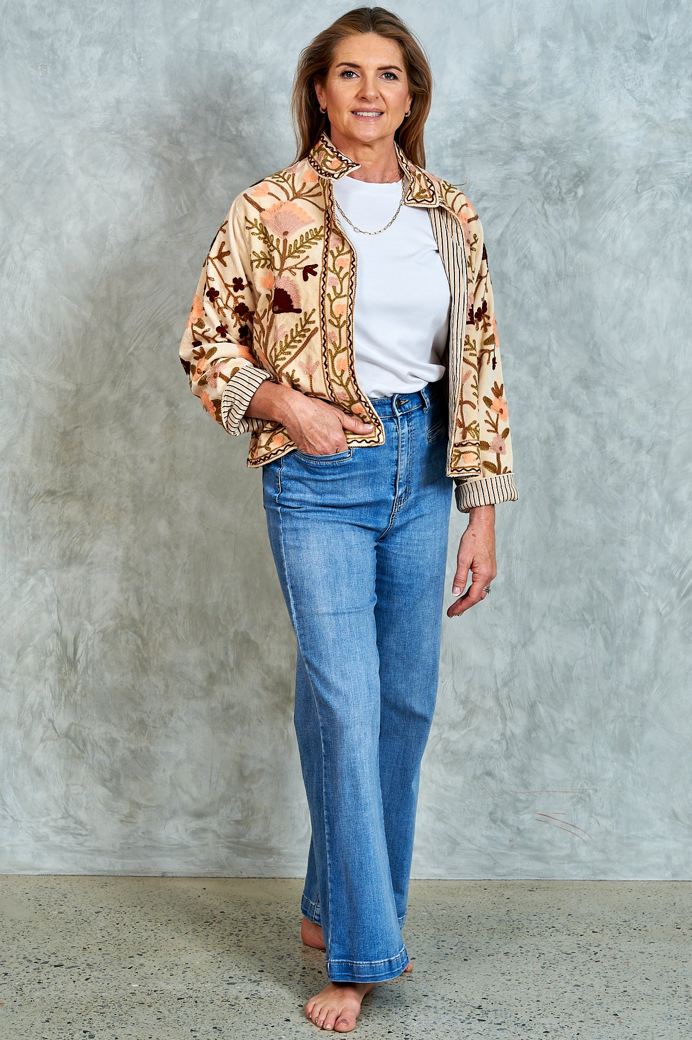 Suswani Velvet Jacket - Cream with Natural Flowers and Cream and Black Lining