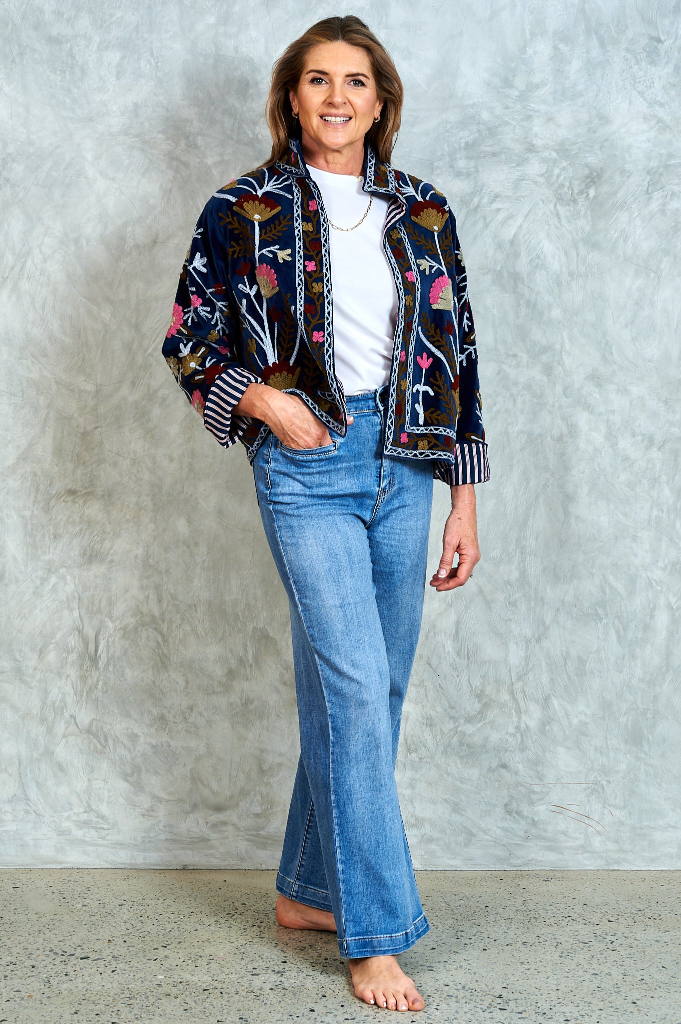 Suswani Velvet Jacket - Navy with Grey and Pink Flowers and Navy Lining