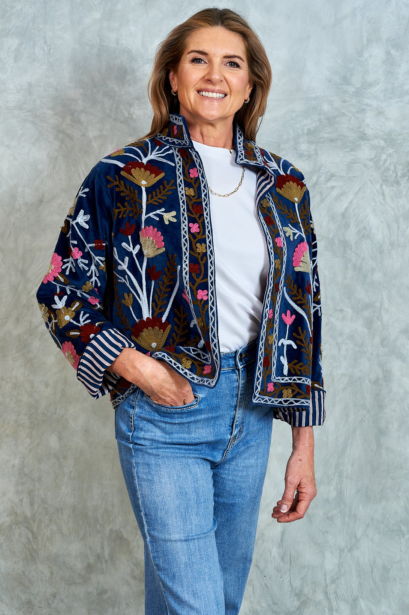 Suswani Velvet Jacket - Navy with Grey and Pink Flowers and Navy Lining