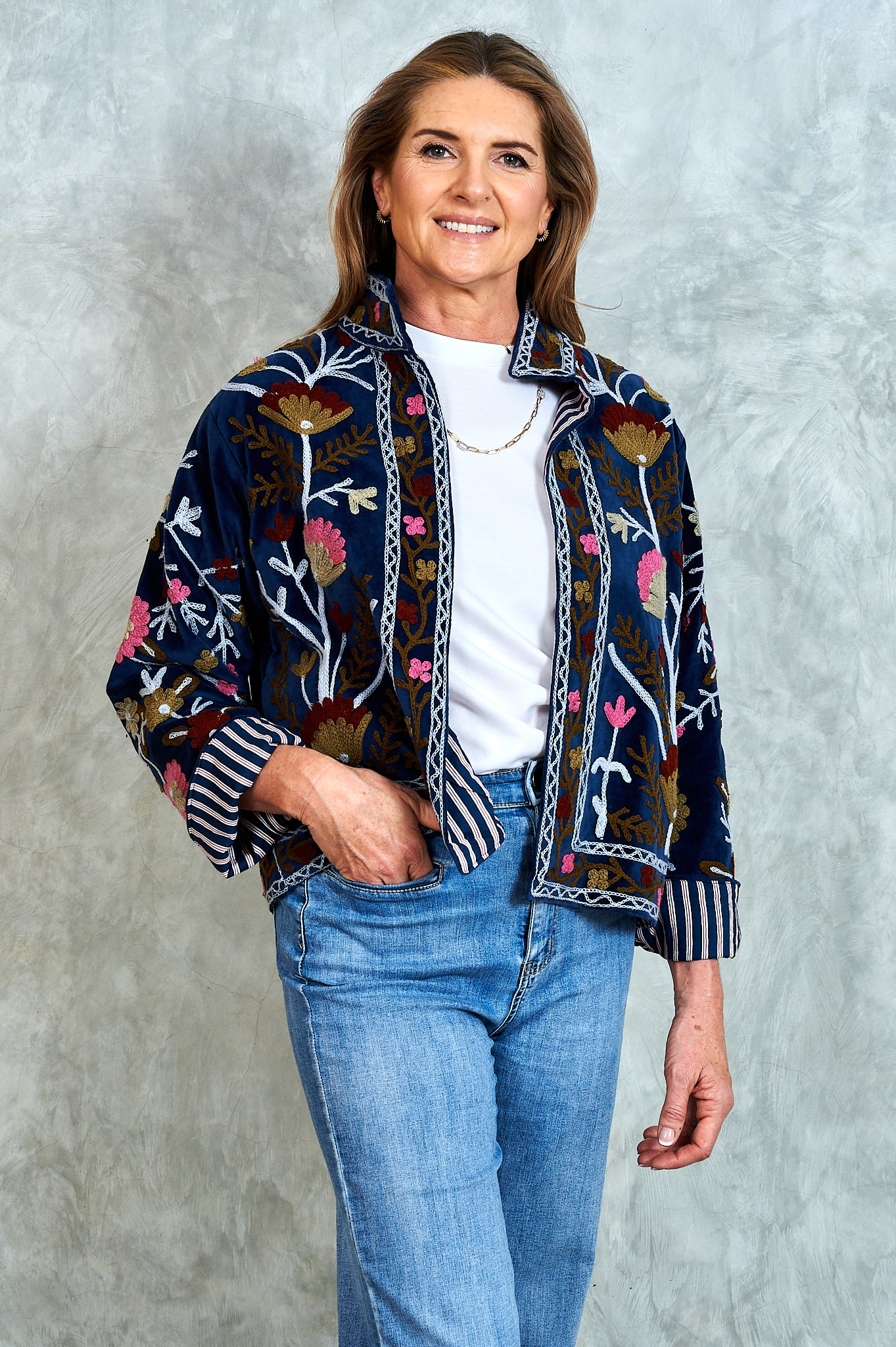 Suswani Velvet Jacket - Navy with Grey and Pink Flowers and Navy Lining