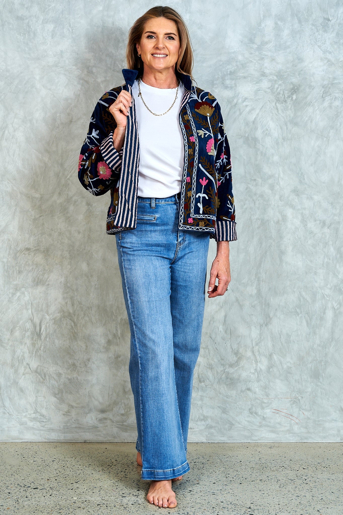 Suswani Velvet Jacket - Navy with Grey and Pink Flowers and Navy Lining