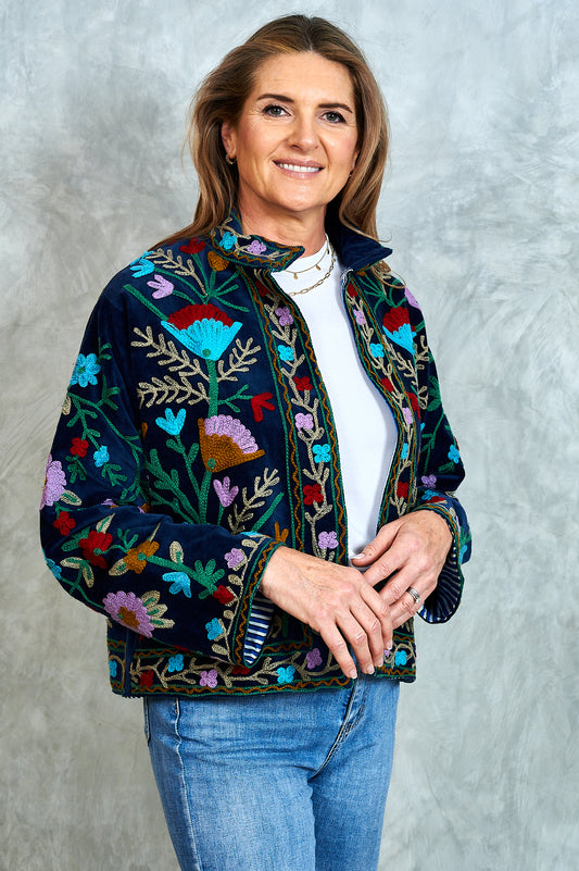 Suswani Velvet Jacket - Navy Blue with Lilac Flowers and Navy and White Lining