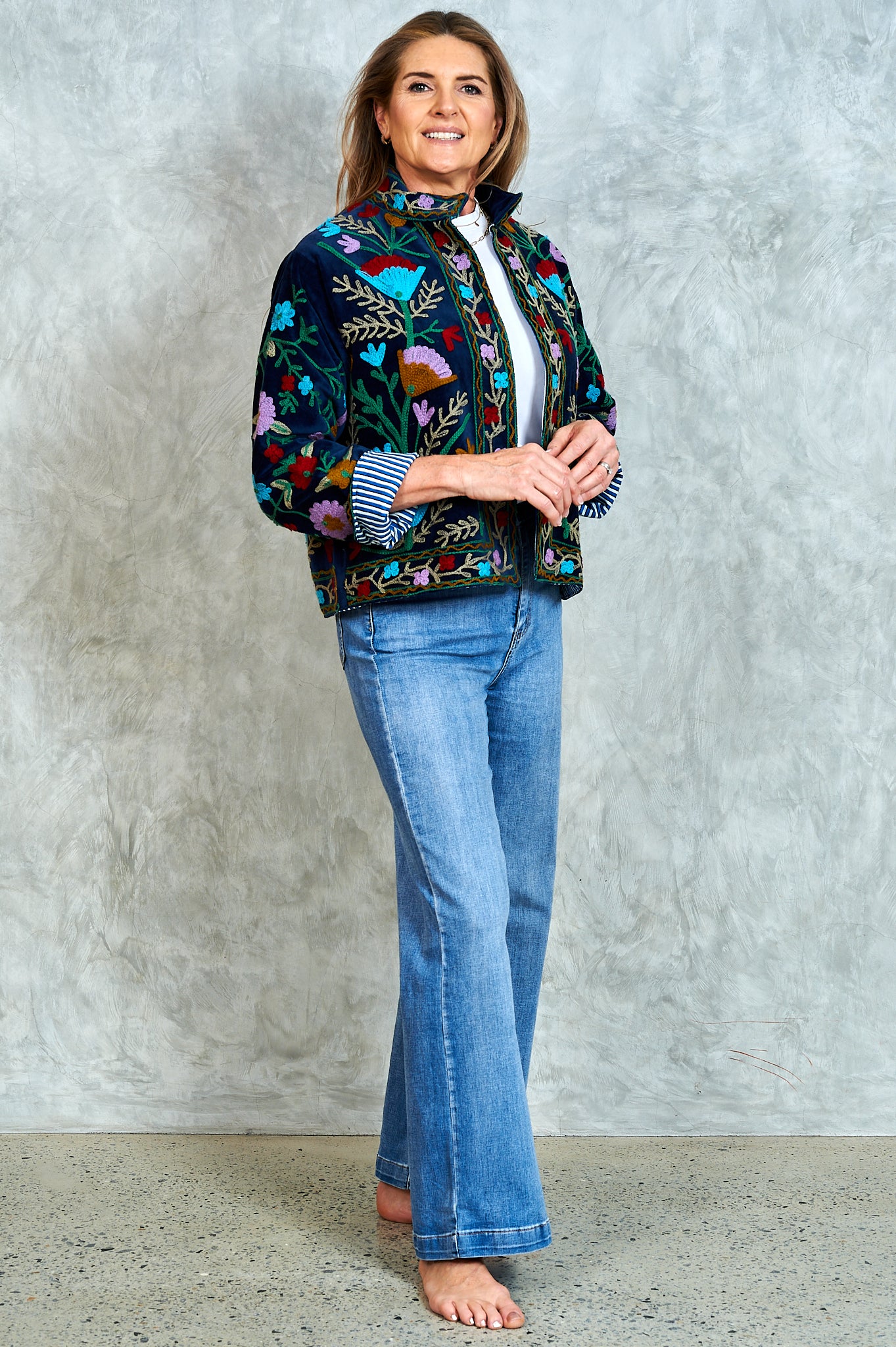 Suswani Velvet Jacket - Navy Blue with Lilac Flowers and Navy and White Lining