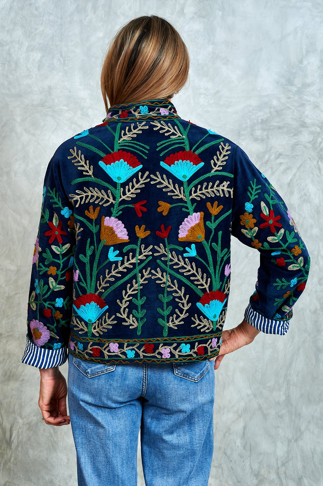 Suswani Velvet Jacket - Navy Blue with Lilac Flowers and Navy and White Lining