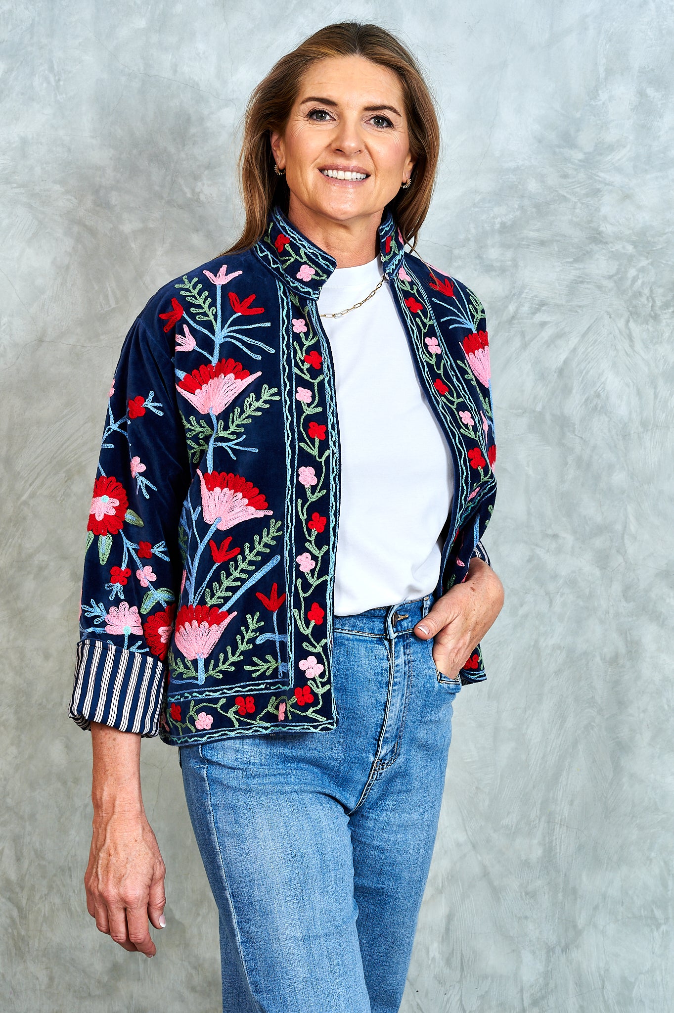 Suswani Velvet Jacket - Navy with Red and Pink Flowers, Navy and Brown Lining