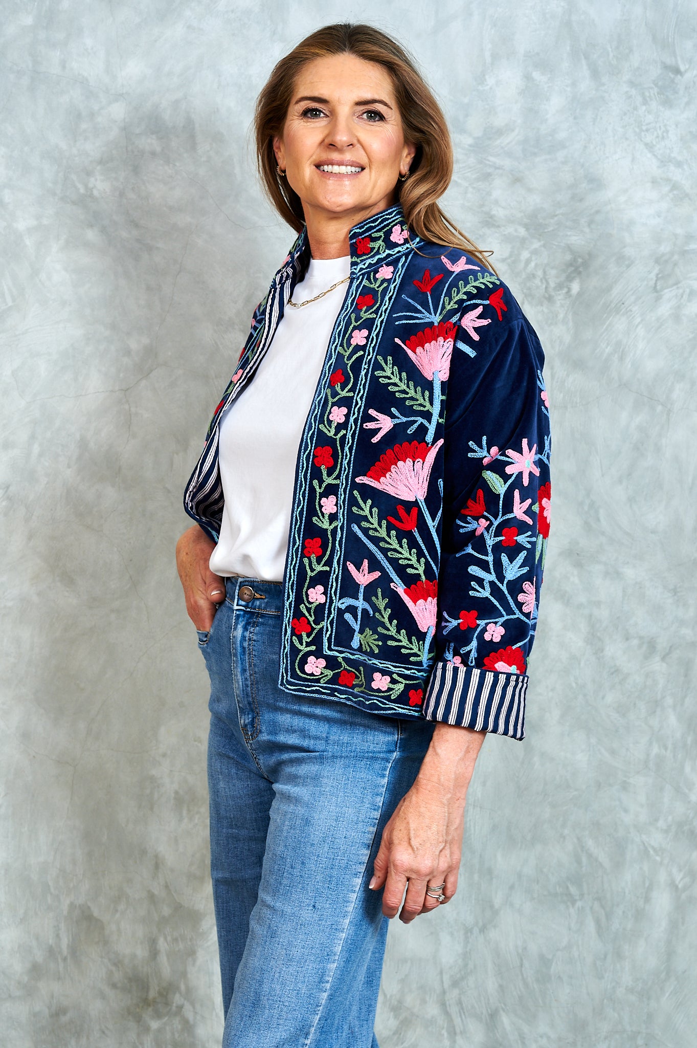 Suswani Velvet Jacket - Navy with Red and Pink Flowers, Navy and Brown Lining