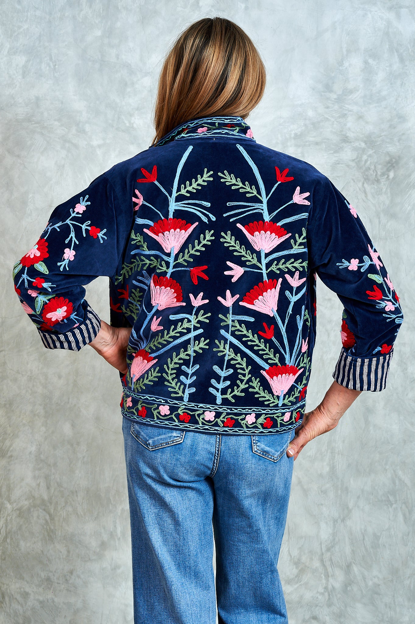 Suswani Velvet Jacket - Navy with Red and Pink Flowers, Navy and Brown Lining