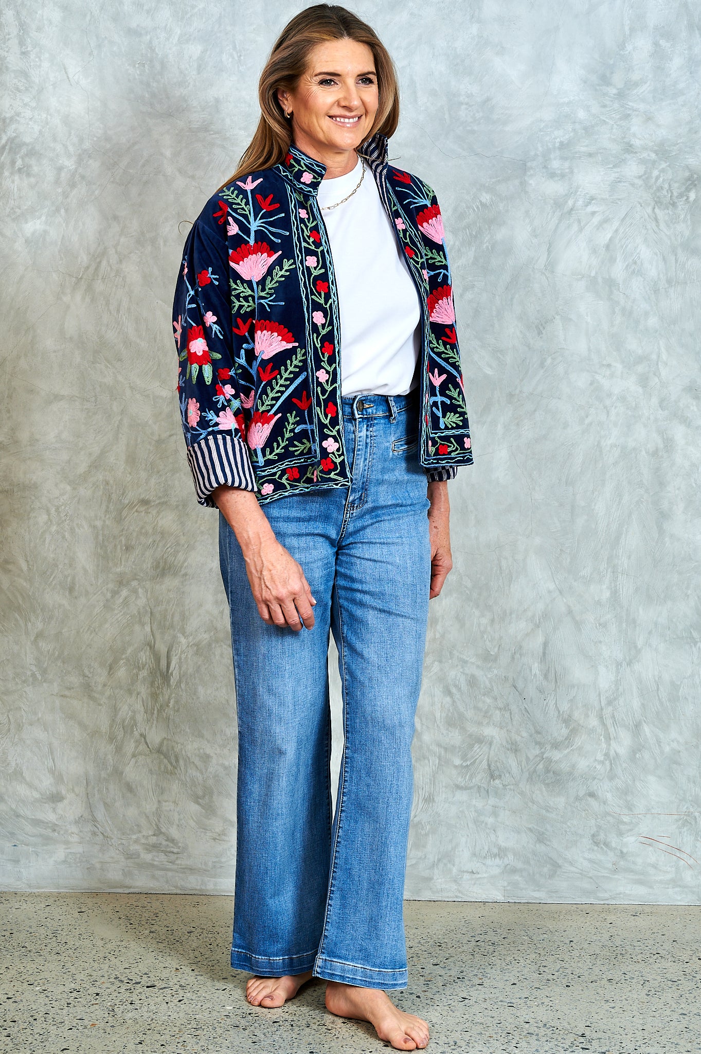 Suswani Velvet Jacket - Navy with Red and Pink Flowers, Navy and Brown Lining